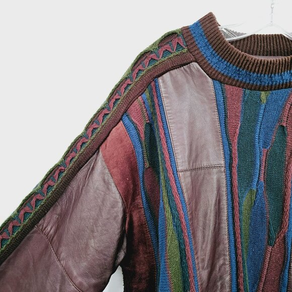Saxony Collection Vintage 80s Cosby Sweater M Colorful Leather Suede HipHop 90s - Picture 3 of 11